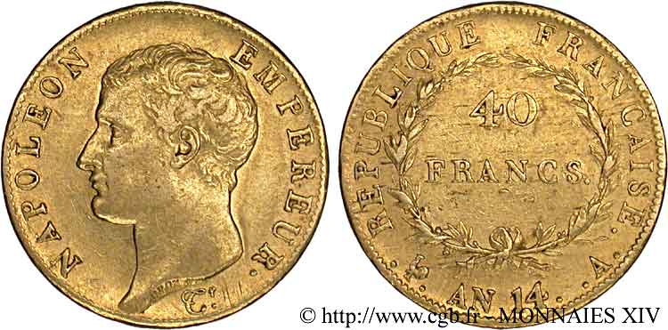 40 francs or, Napoléon tête nue, calendrier révolutionnaire 1805 Paris F.537/2 SS 