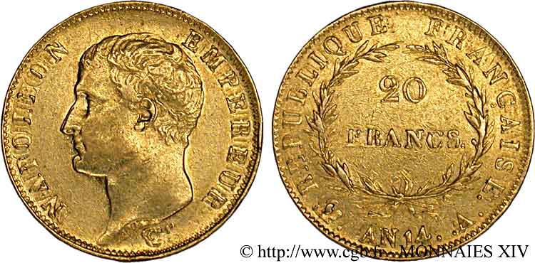 20 francs Napoléon tête nue, calendrier révolutionnaire 1805 Paris F.512/5 XF 