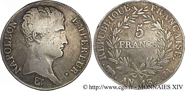 5 francs Napoléon empereur, calendrier révolutionnaire 1805 Toulouse F.303/13 VF 
