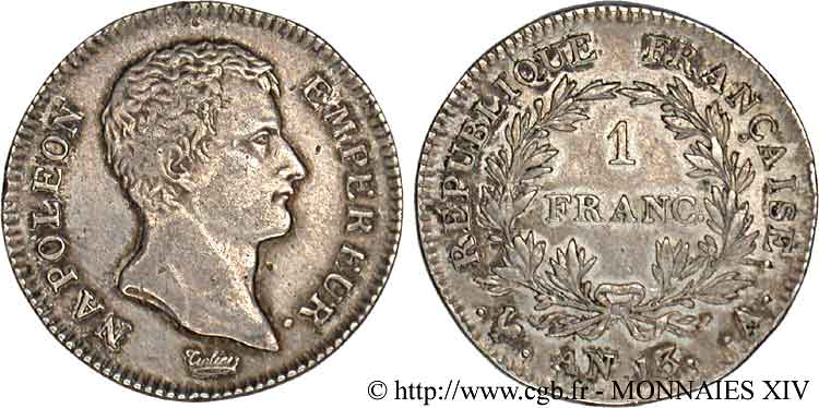 1 franc Napoléon Empereur, Calendrier révolutionnaire 1805 Paris F.201/14 XF 
