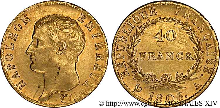 40 francs or Napoléon tête nue, calendrier grégorien 1806 Paris F.538/1 SUP 