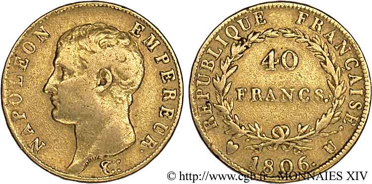 40 francs or Napoléon tête nue, calendrier grégorien 1806 Turin F.538/4 TB 