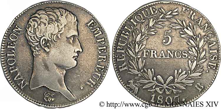 5 francs Napoléon Empereur, Calendrier grégorien 1807 Rouen F.304/12 TTB 
