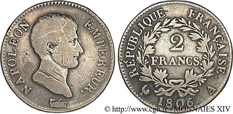 2 francs Napoléon empereur, calendrier grégorien 1806 Paris F.252/1 VF 