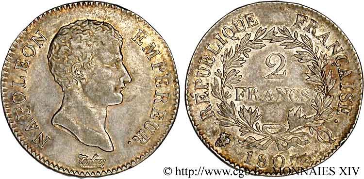 2 francs Napoléon empereur, calendrier grégorien 1807 Perpignan F.252/14 SS 