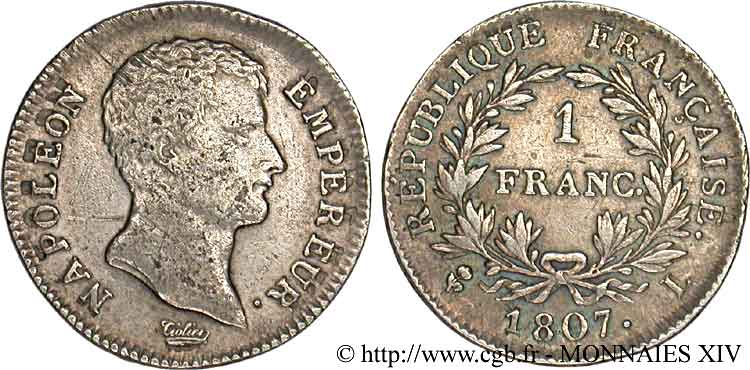 1 franc Napoléon empereur, calendrier grégorien 1807 Bayonne F.202/14 SS 