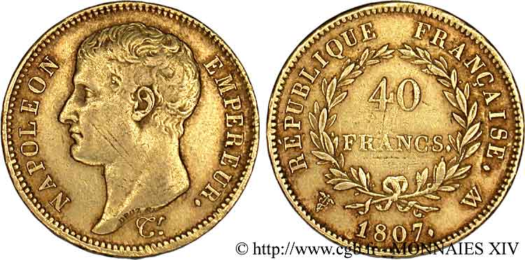 40 francs or Napoléon tête nue, type transitoire 1807 Lille F.539/5 MBC 
