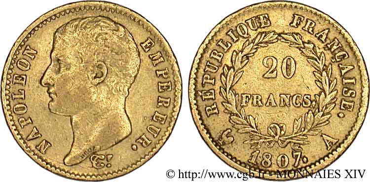 20 francs Napoléon tête nue, type transitoire 1807 Paris F.514/1 TB 