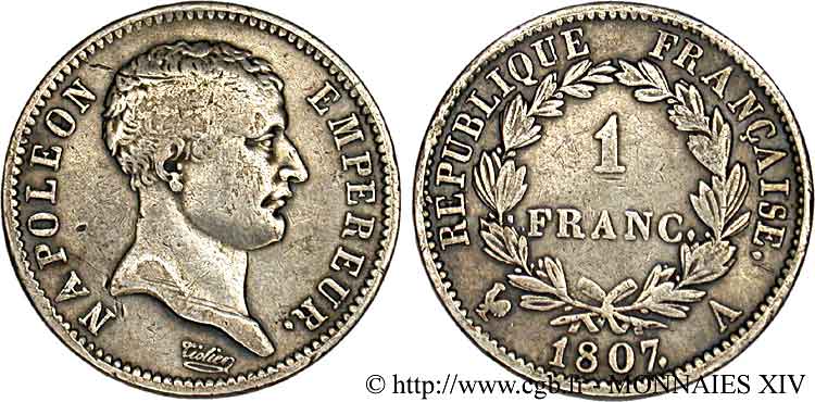 1 franc Napoléon empereur, “tête de nègre” 1807 Paris F.203/1 MBC 