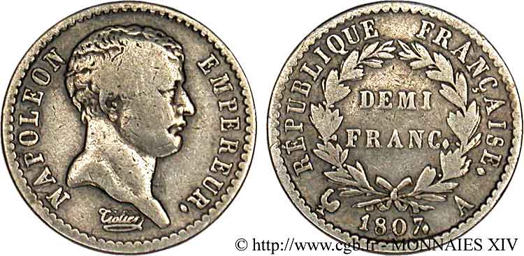 Demi-franc Napoléon empereur, “tête de nègre” 1807 Paris F.176/1 BC 