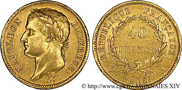 40 francs Napoléon Ier tête laurée, République française 1808 Paris F.540/2 XF 