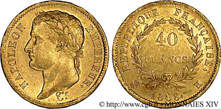 40 francs or Napoléon tête laurée, République française 1808 La Rochelle F.540/3 XF 