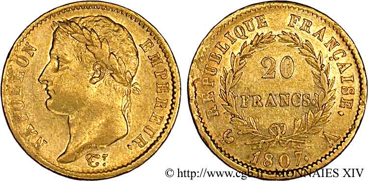 20 francs Napoléon tête laurée, République française 1807 Paris F.515/1 SS 