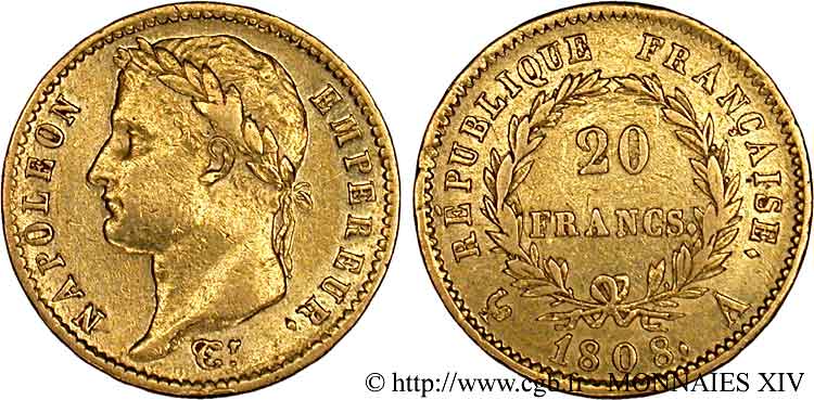 20 francs Napoléon tête laurée, République française 1808 Paris F.515/2 MBC 