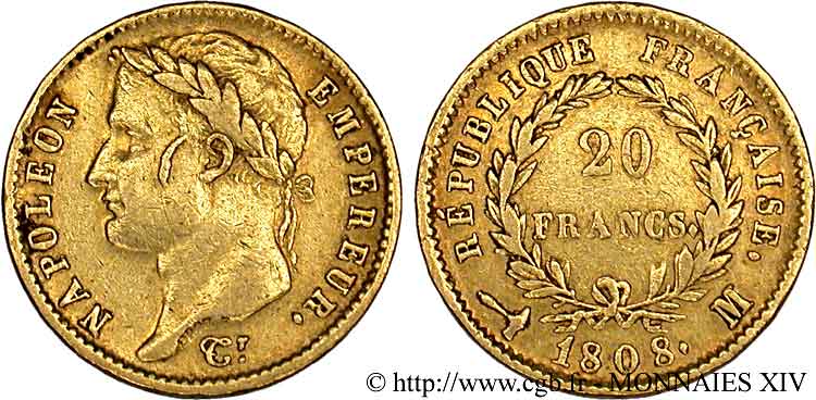 20 francs Napoléon tête laurée, République française 1808 Toulouse F.515/5 MB 