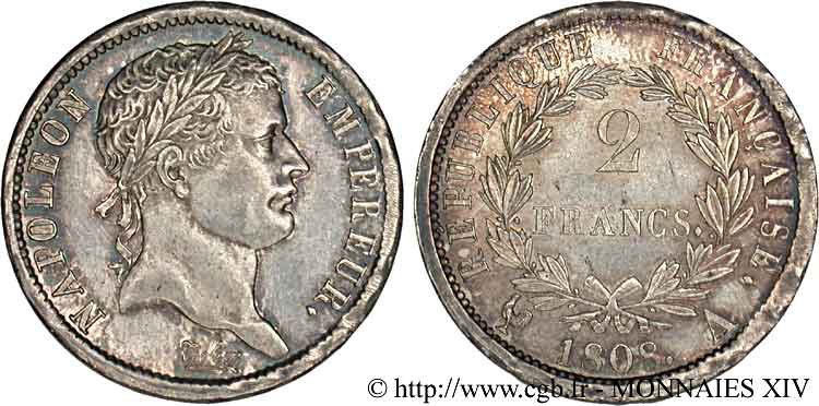 2 francs Napoléon Ier tête laurée, République française 1808 Paris F.254/4 AU 
