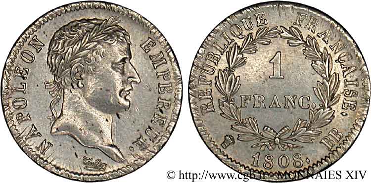 1 franc Napoléon Ier tête laurée, République française 1808 Strasbourg F.204/4 VZ 