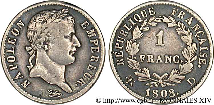 1 franc Napoléon Ier tête laurée, République française 1808 Lyon F.204/5 TB 