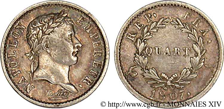 Quart de franc Napoléon tête laurée, République française 1807 Paris F.161/1 XF 