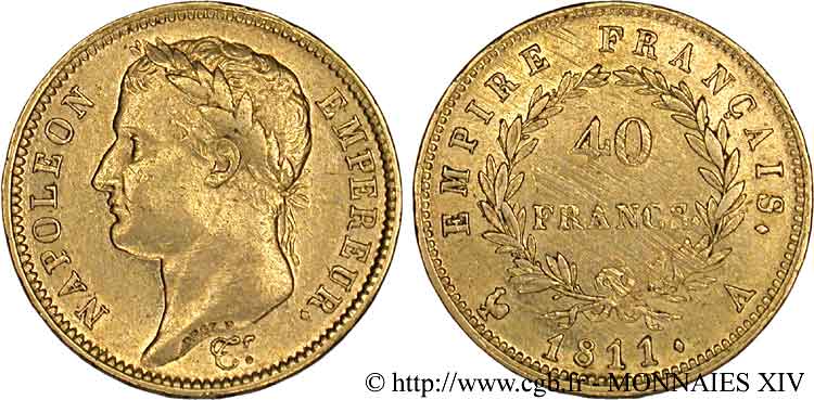 40 francs or Napoléon tête laurée, Empire français 1811 Paris F.541/6 XF 