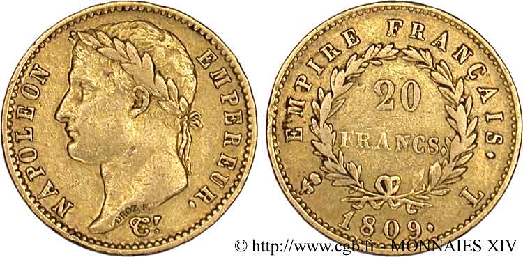 20 francs or Napoléon tête laurée, Empire français 1809 Bayonne F.516/4 TTB 