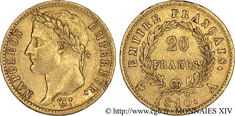 20 francs or Napoléon tête laurée, Empire français 1810 Paris F.516/8 MBC 