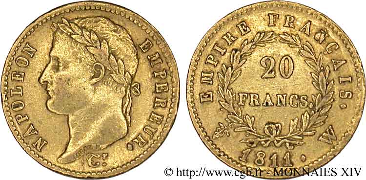 20 francs or Napoléon, tête laurée, Empire français 1811 Lille F.516/21 MBC 