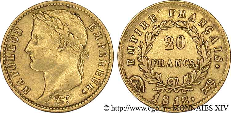 20 francs or Napoléon tête laurée, Empire français 1812 Rome F.516/27 MBC 