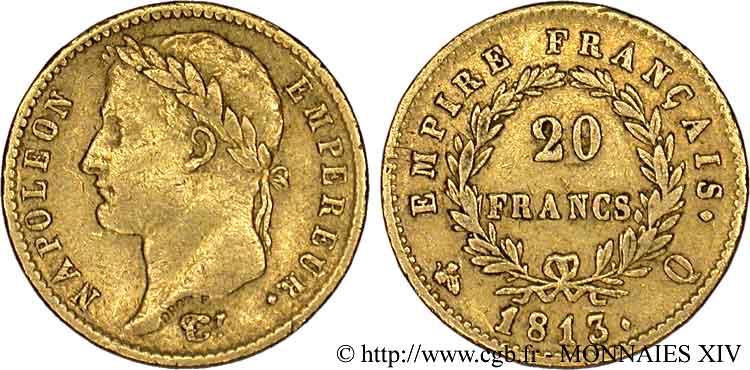 20 francs or Napoléon tête laurée, Empire français 1813 Perpignan F.516/34 XF 