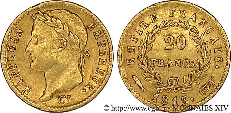 20 francs or Napoléon tête laurée, Empire français 1813 Utrecht F.516/37 XF 