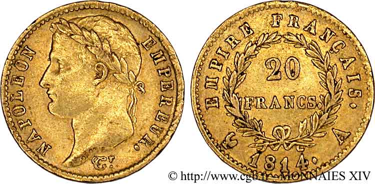 20 francs or Napoléon tête laurée, Empire français 1814 Paris F.516/39 TTB 