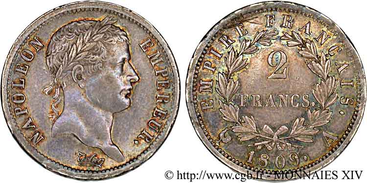 2 francs Napoléon Ier tête laurée, Empire français 1809 Paris F.255/1 SUP 