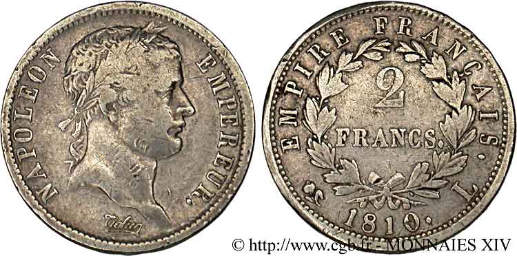2 francs Napoléon Ier tête laurée, Empire français 1810 Bayonne F.255/17 VF 