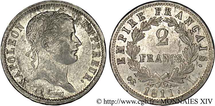 2 francs Napoléon Ier tête laurée, Empire français 1811 Bayonne F.255/31 XF 