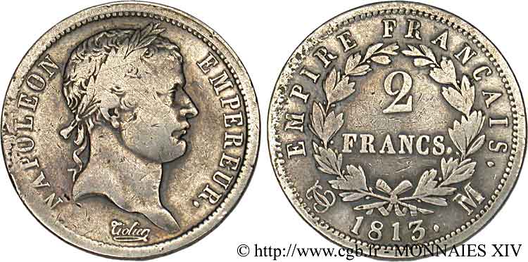 2 francs Napoléon Ier tête laurée, Empire français 1813 Toulouse F.255/60 VF 