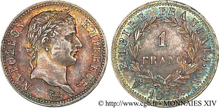 1 franc Napoléon Ier tête laurée, Empire français 1812 Lille F.205/57 AU 