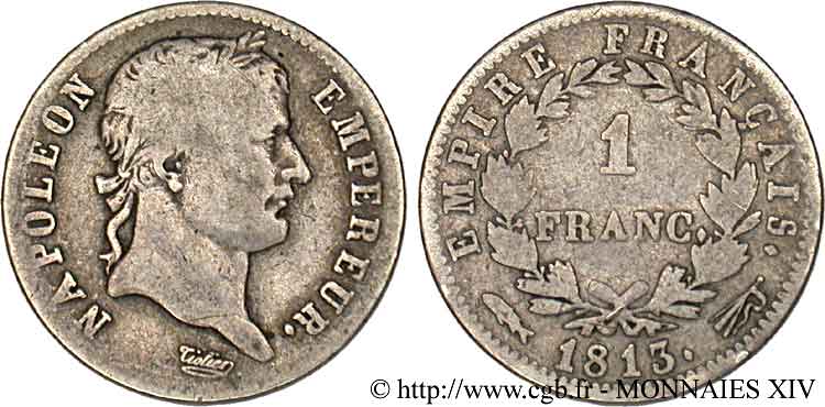 1 franc Napoléon Ier tête laurée, Empire français 1813 Utrecht F.205/72 VF 