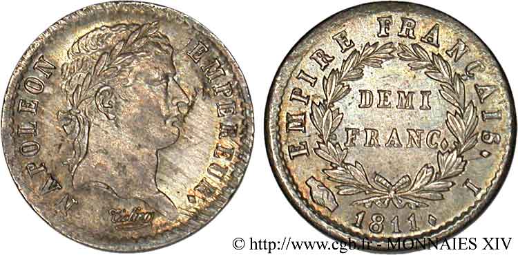 Demi-franc Napoléon Ier tête laurée, Empire français 1811 Limoges F.178/26 SC 