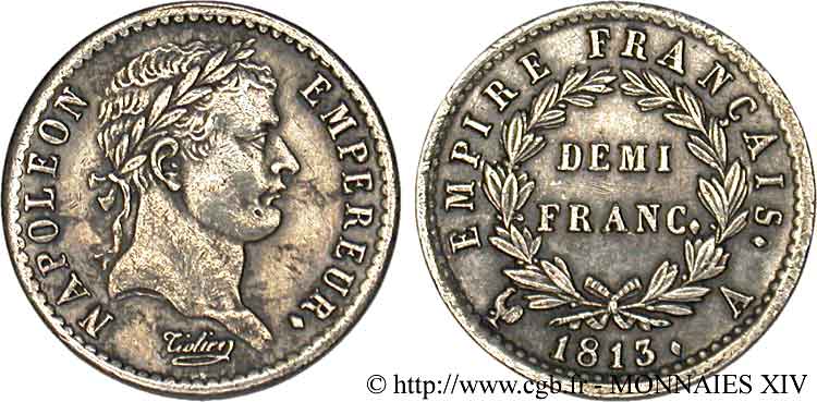 Demi-franc Napoléon Ier tête laurée, Empire français 1813 Paris F.178/49 SPL 