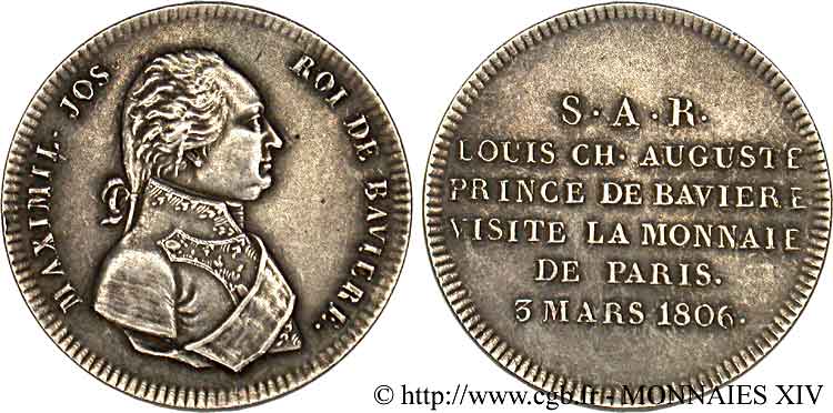 Monnaie de visite au module de 2 francs pour Maximilien de Bavière, refrappe postérieure 1806  VG.1505 var. SUP 