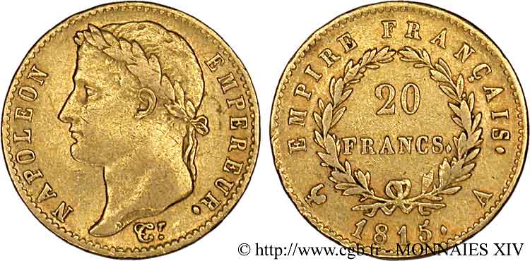 20 francs or Napoléon tête laurée, Empire français 1815 Paris F.516A/1 XF 