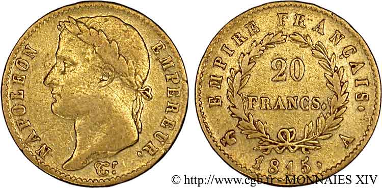 20 francs or Napoléon tête laurée, Empire français 1815 Paris F.516A/1 VF 