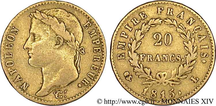 20 francs or Napoléon tête laurée, Empire français 1815 Bayonne F.516A/2 VF 