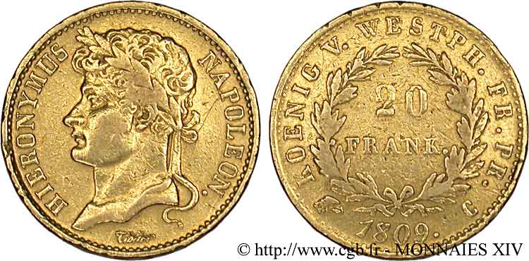 GERMANY - KINGDOM OF WESTPHALIA - JÉRÔME NAPOLÉON 20 frank or 1809 Cassel SS 