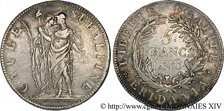 ITALIA - GALIA SUBALPINA 5 francs 1802 Turin XF 