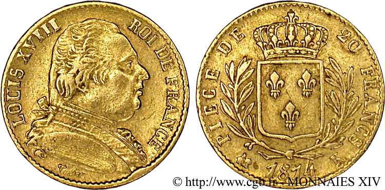 20 francs or Louis XVIII, buste habillé 1814 Bordeaux F.517/3 XF 