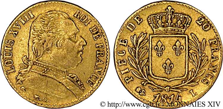 20 francs or Louis XVIII, buste habillé 1814 Bayonne F.517/6 XF 