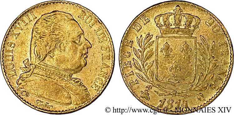 20 francs or Louis XVIII, buste habillé 1814 Perpignan F.517/7 XF 