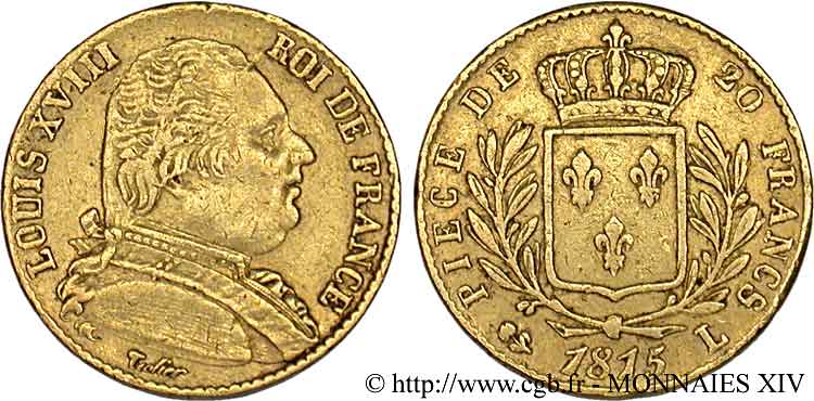 20 francs or Louis XVIII, buste habillé 1815 Bayonne F.517/14 TTB 