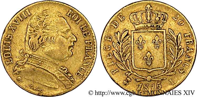 20 francs or Louis XVIII, buste habillé 1815 Bayonne F.517/15 TB 
